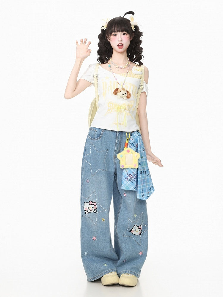 Yellow Off-Shoulder Tee with Bow and Kitty Motif - Languid Park