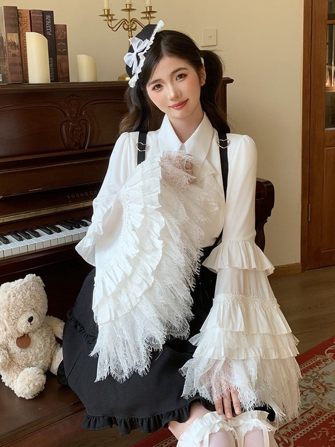 White Lolita Blouse with Layered Lace and Bell Sleeves - Lan Jian Chuan