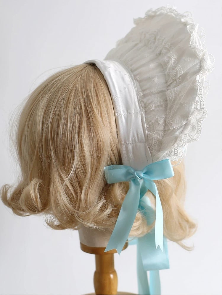 Lake Design Accent Blue Satin - Lolita Bow Pearl Lace Bonnet Light White