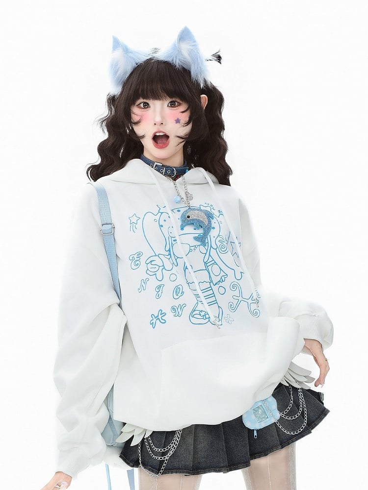Cartoon Green/White/Blue Star Pocket Girl Daily Pattern and - Kawaii Convenient Hoodie