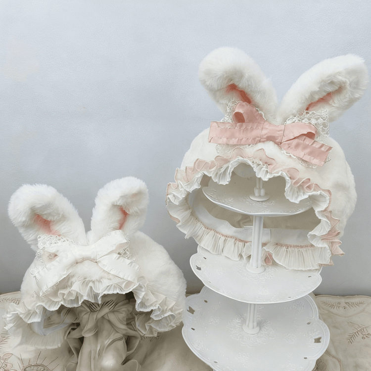Lace Bunny Beige/Pink Ears Bow Plush Beret Trim