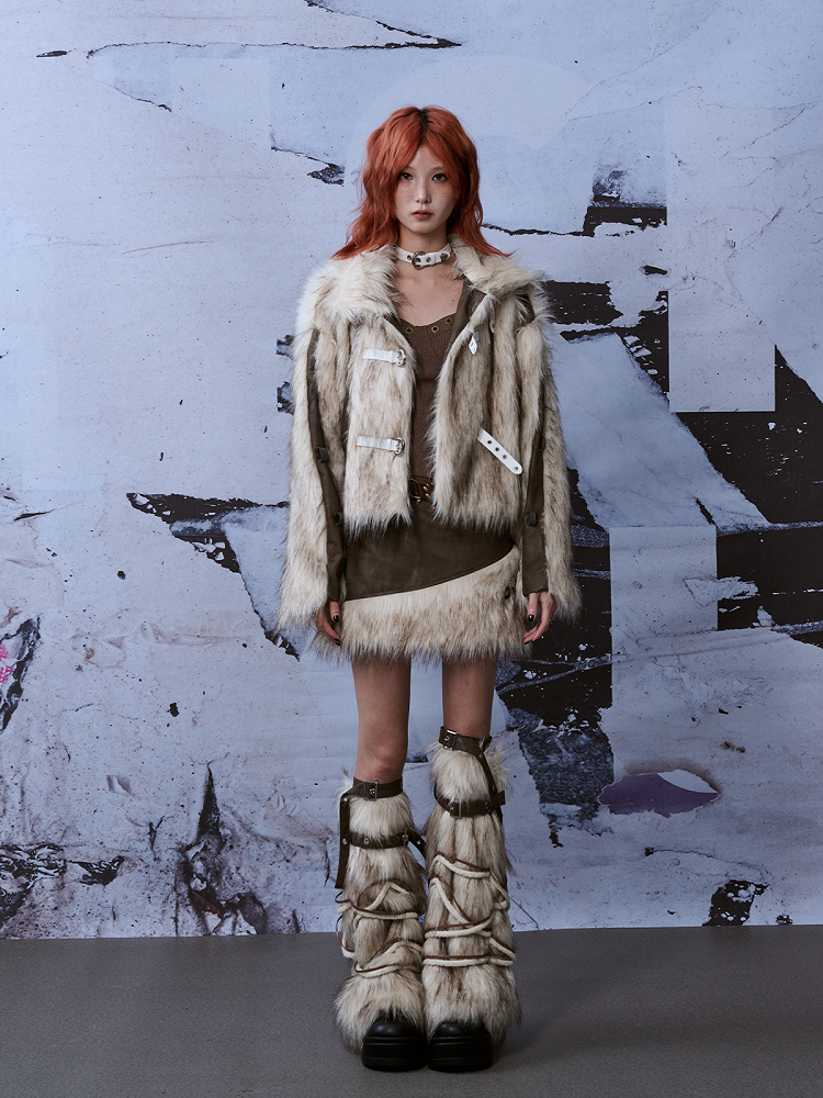 Y2K Stulpen Beige Bein Weiß mit PU verstellbaren Riemen