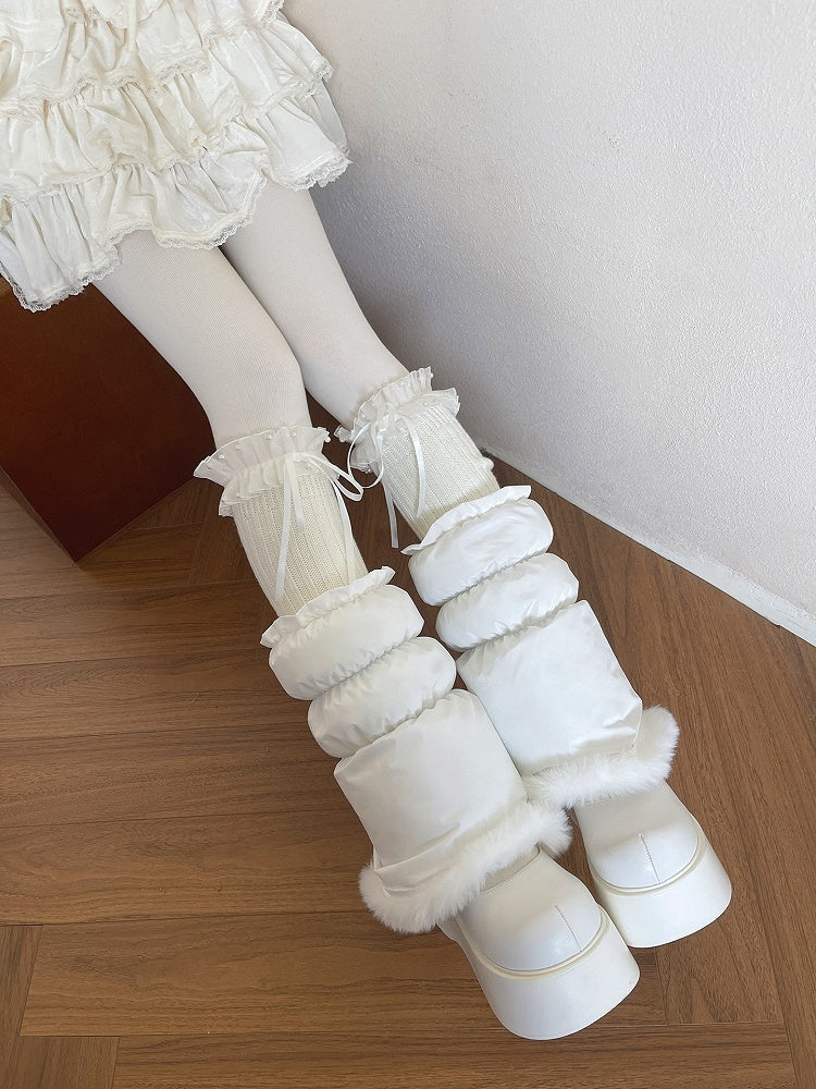 Leg Pearl-Adorned Knit Lace Bows White Ribbon Warmers with Ruffled