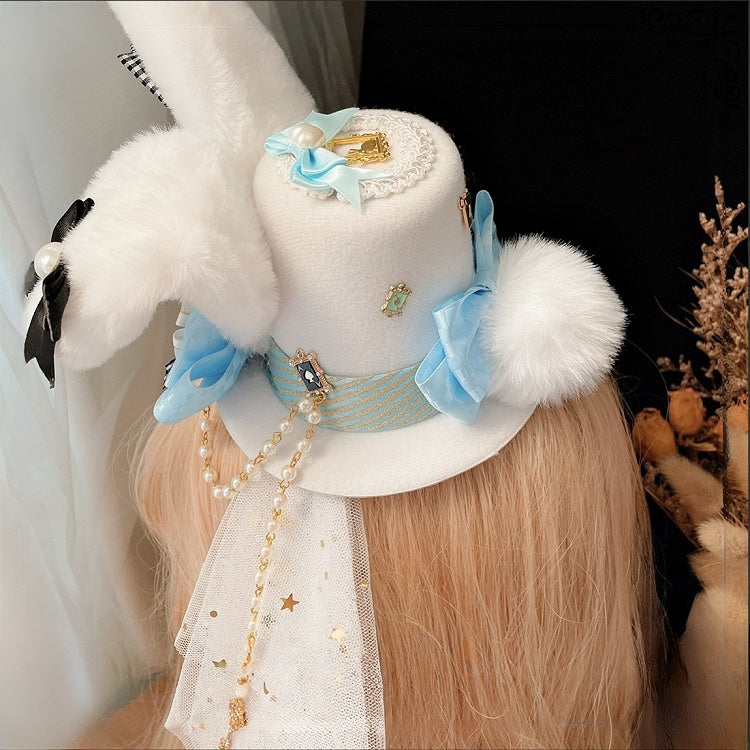 White&Blue Alice in Wonderland Vibes Plushie Bunny Ears Mini Hat KC