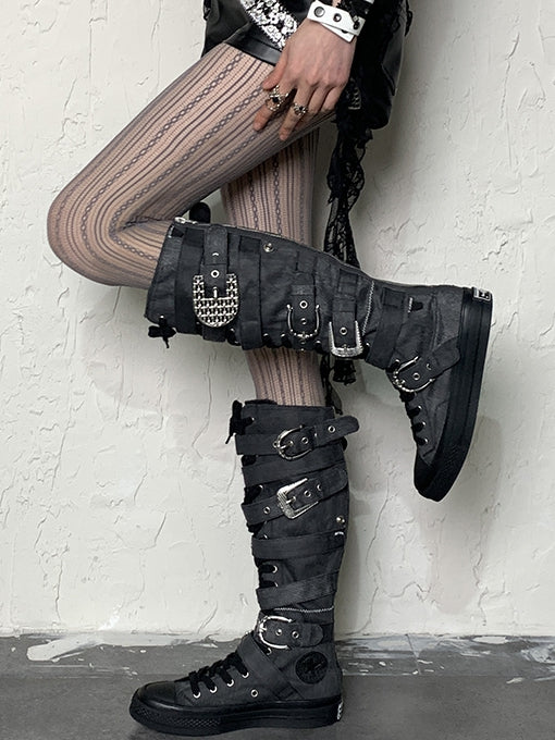 Hollow-out Tights Striped Pattern Gray Design Y2K