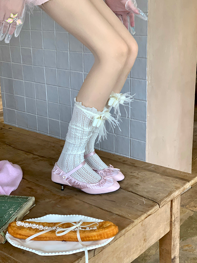 Decoration with Feather Socks White/Black Calf Ruffled Bowknot Creamy Lace