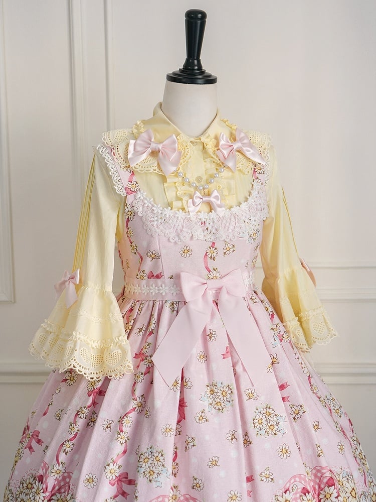 イエローのラウンドフラットカラーベルスリーブコットンブラウス