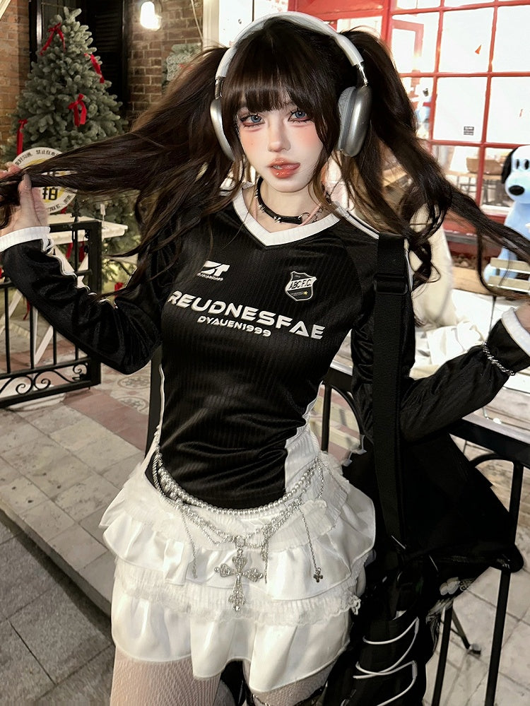 Pink/Black/Navy Blue Letters Print V-neck Striped Sports Top