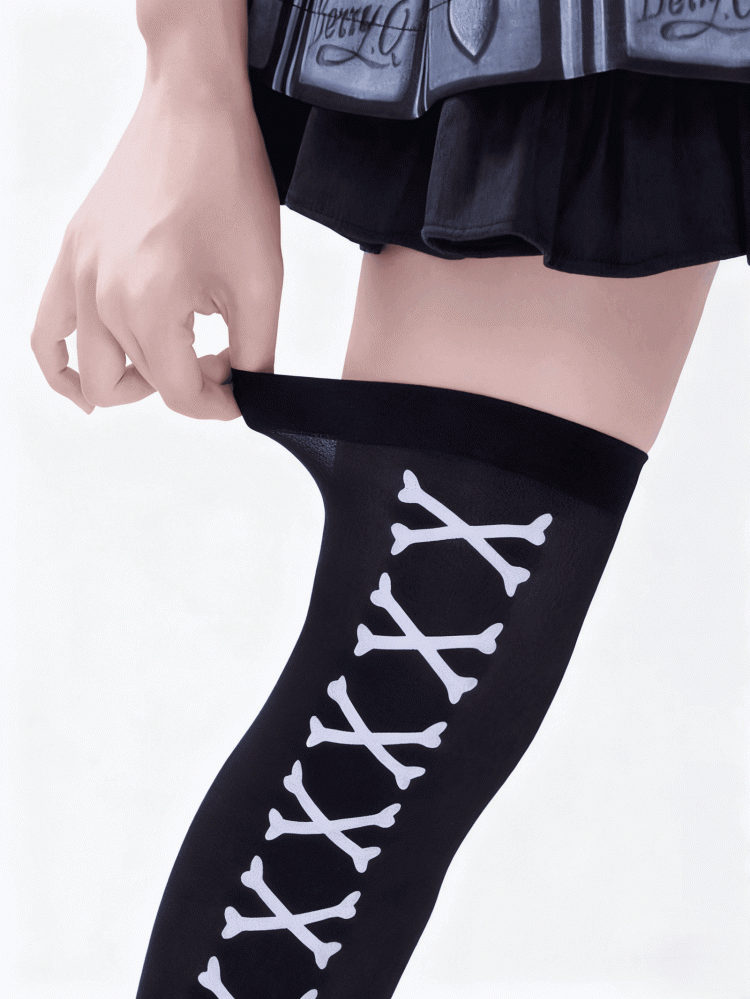 Asymmetrical Pattern Halloween Black Crossbones Gothic White Design Stockings Striped