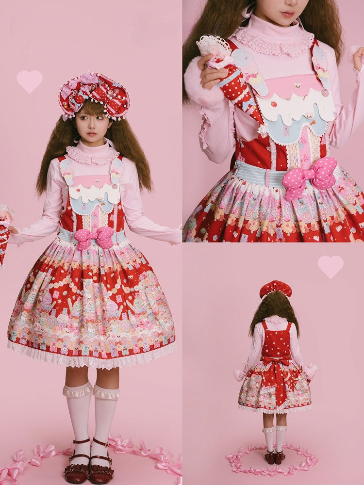 オーバーオールスイートデザートレッドグミプリントとクマのロリータドレス