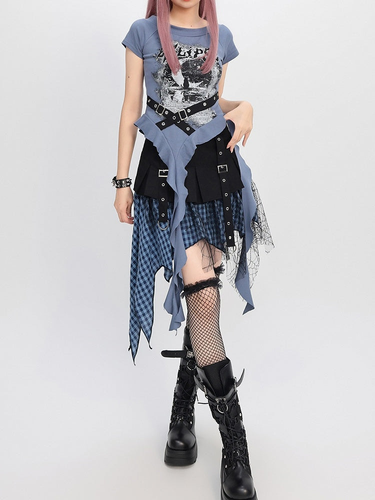 Y2K Blue/Black Criss-cross Design Cascading Ruffle Accents Moon T-shirt Print