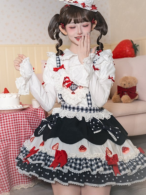 and White Applique Bows Sweet Overall Strawberry Print Lolita Dress with Sweetheart Black