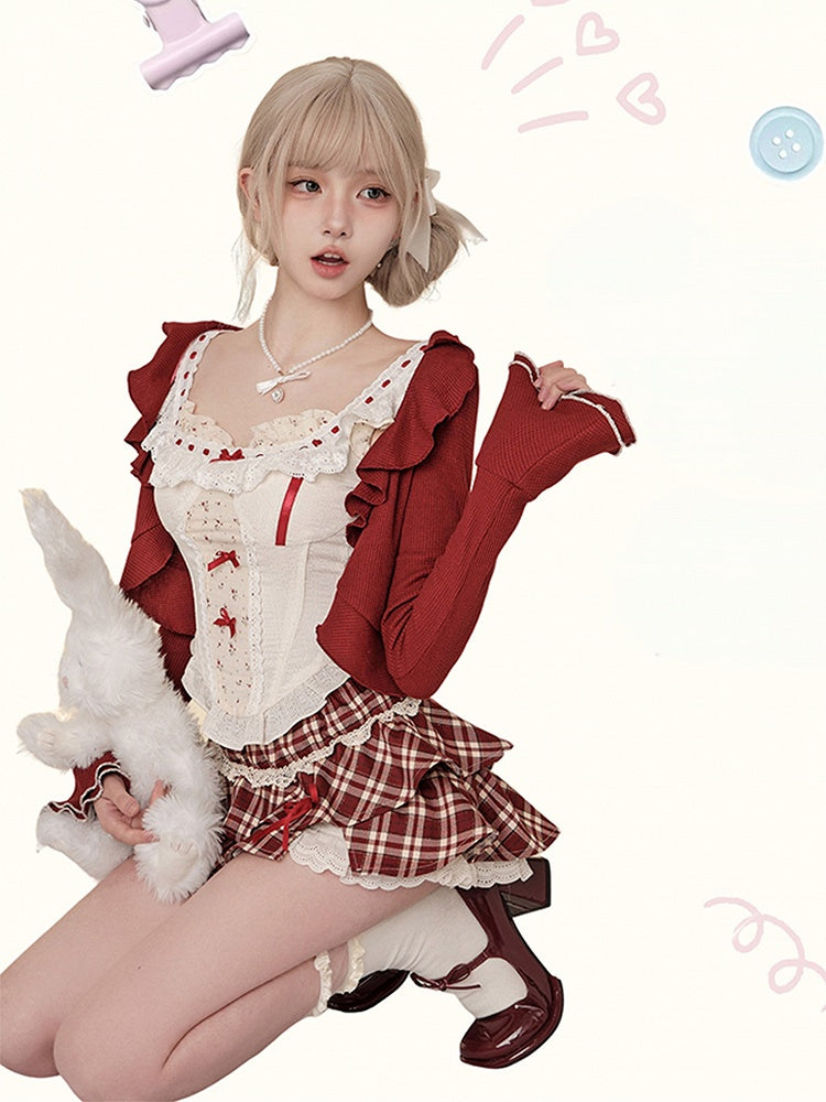 - Skirt Plaid Tiered Kawaii Classic Style Red