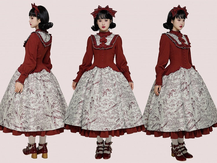 Animals Long-Sleeve Elegant White Print Lolita Forest Piece One Red