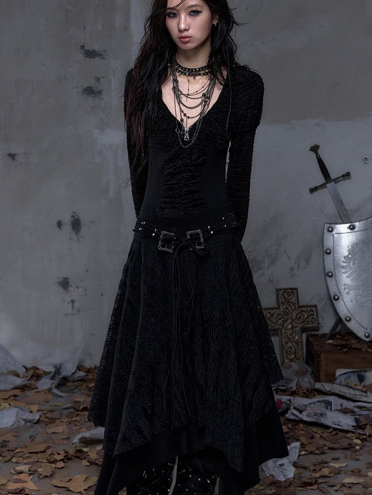 Black Dress Sleeve Knit with Waist Punk Hem Tiered Handkerchief Juliette Studded