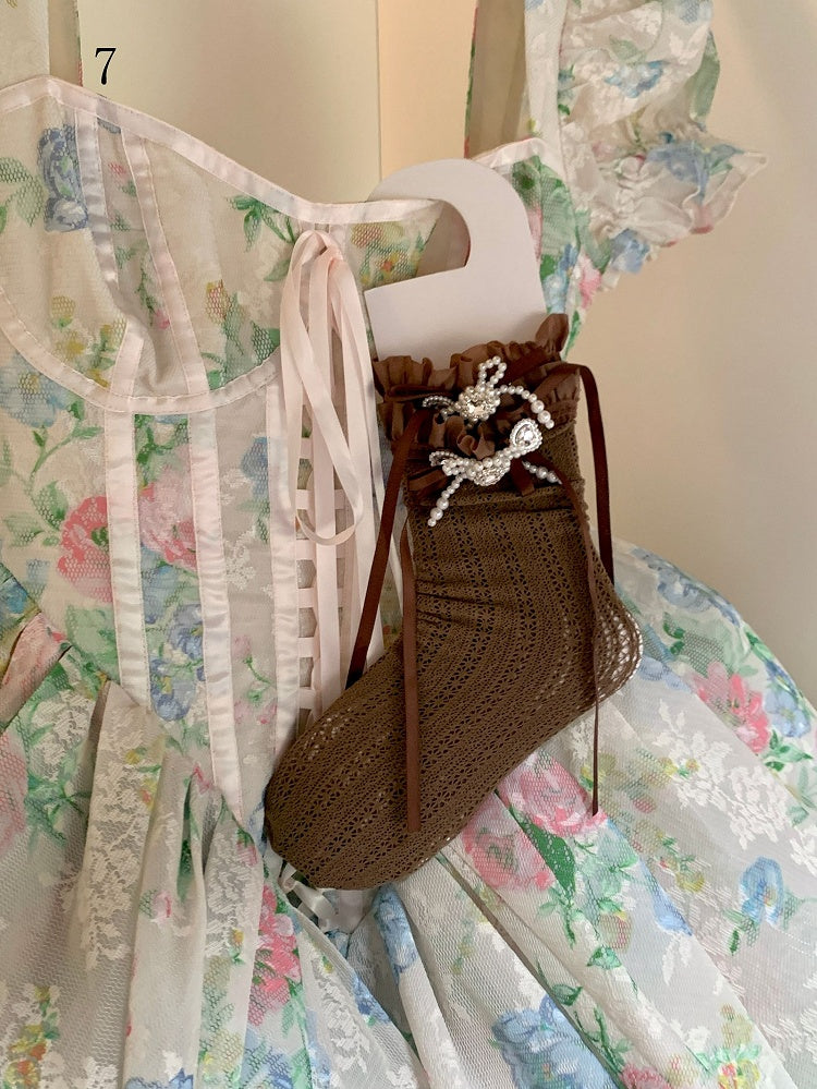 レーストリムソックス ホワイト/ミルキー リボン結び ロリータ ホワイト/ブラック/レッド/パープル/グレー/ブラウン