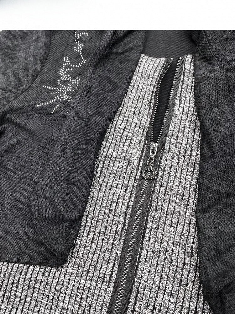 Striped Black Fake Two-Piece Pattern Hoodie Accents Jacket Rhinestone