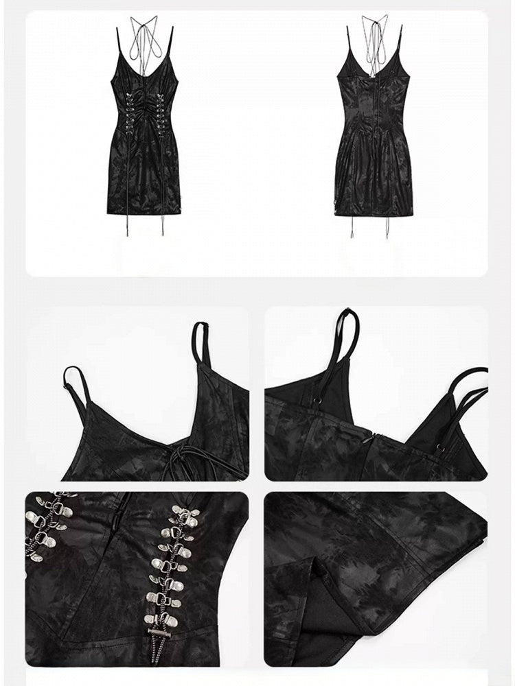 Punk Black V-Neck Sleeveless Gown with Lace-Up Design