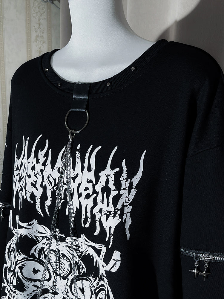 Chain-Embellished Gothic Neckline Black Sweatshirt Sleeves Studded Pullover with Zipper