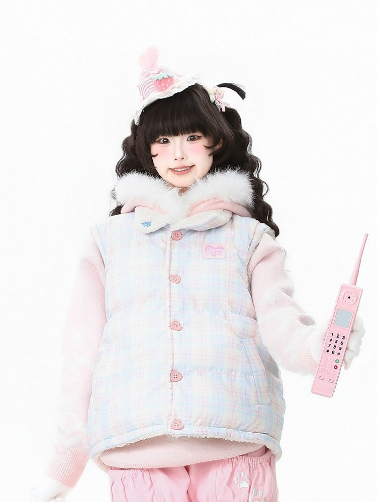 Kawaii Vest Daily Pink Closure Plush with Lining 2-Way Button Fleece Plaid Heart
