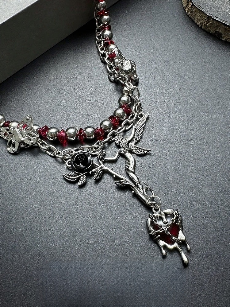Layered Necklace with Rose and Red Heart Pendant - YSHXS