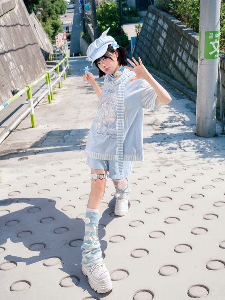 Blue Anime Girl Print Wing Appliques T-Shirt with Striped Scarf