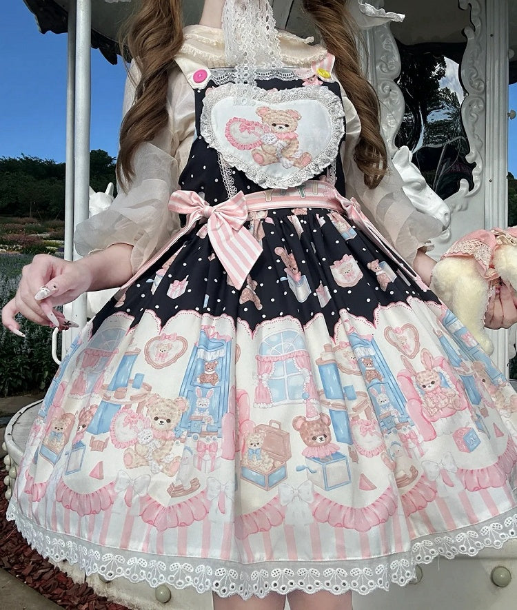 Hase Plüschtier Süßer Teddy Lolita und Kleid Schwarzer Print Overall
