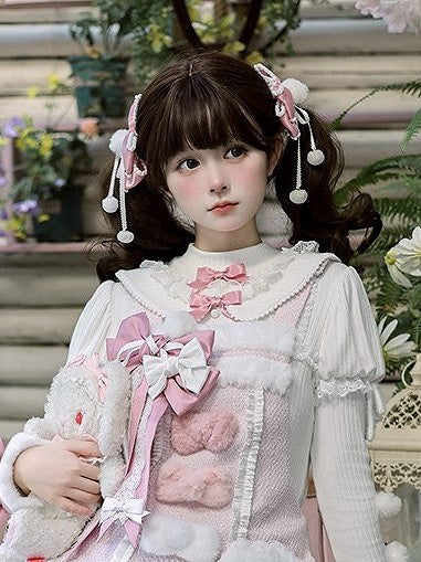 Haarspangen Schleife Akzente süß mit rosa/braunem Pom-Pom Lolita