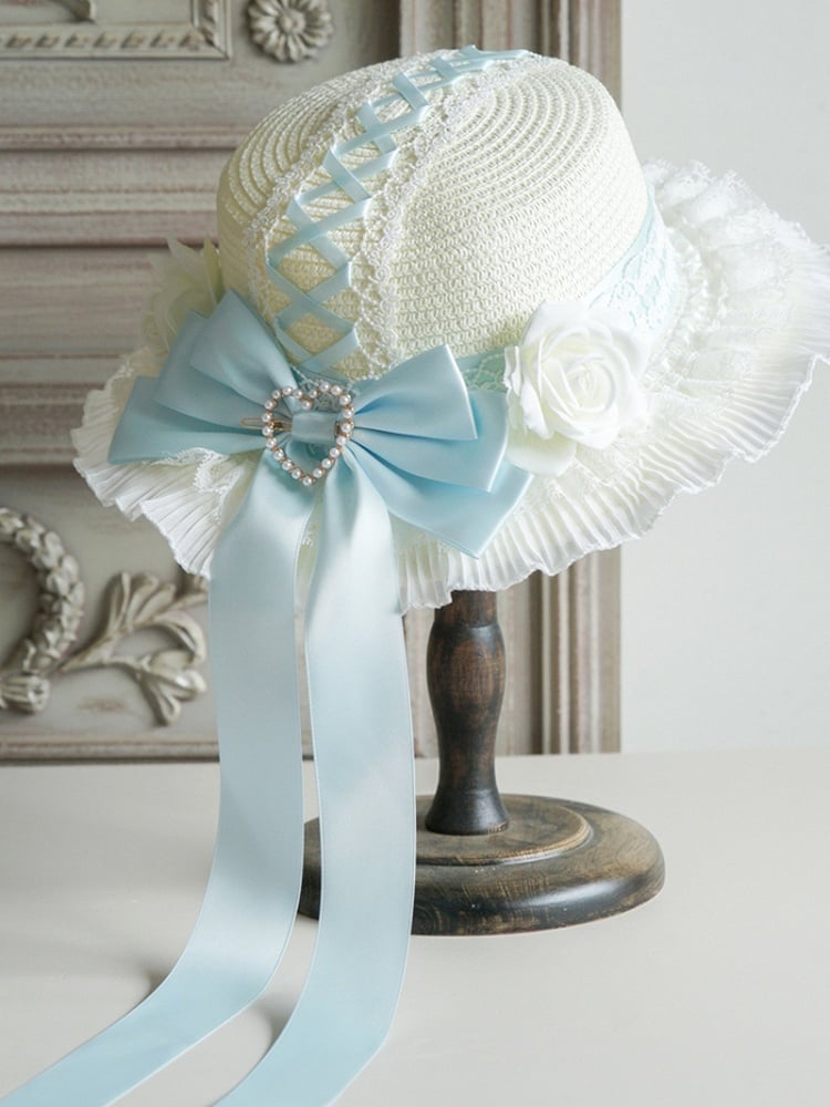 with – 5 Lace-Trimmed Bows Flowers Lolita Straw Options Hat Color and
