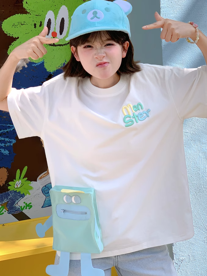 T-Shirt Blau/Rosa Hals Lose Cartoon Tasche Weiß Rund