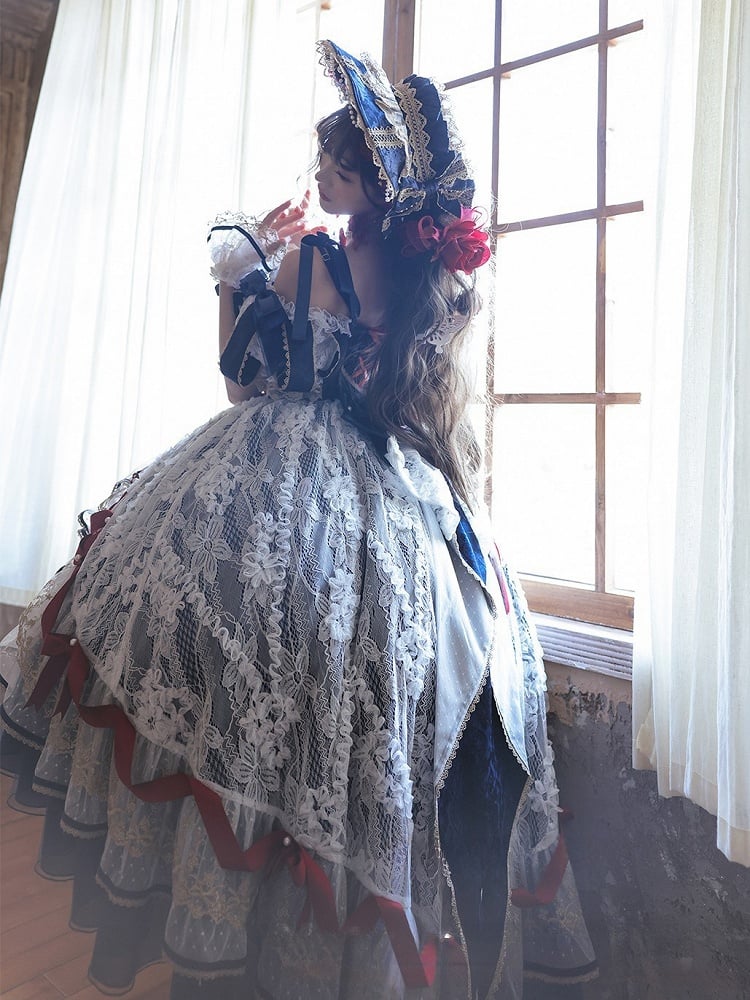 Dark Blue and Red Chain Bonnet Bead Flowers Lolita with