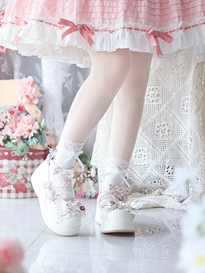Top Mary Janes with White Lace Lolita Sweet Clasp Platform Bow Accent - Trim Button Heart