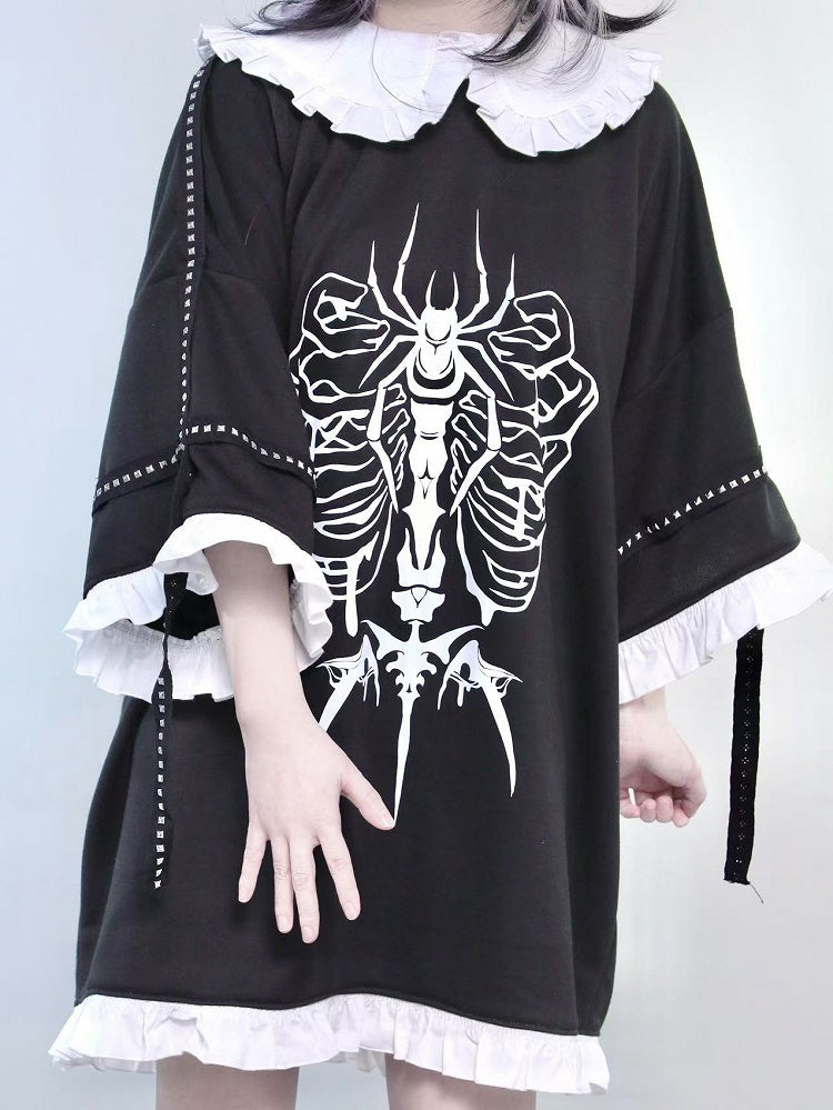 Trim Kei Ruffles Insect Decorated Pan Peter Leg With Jirai Print Studs Collar T-shirt Black Warmers