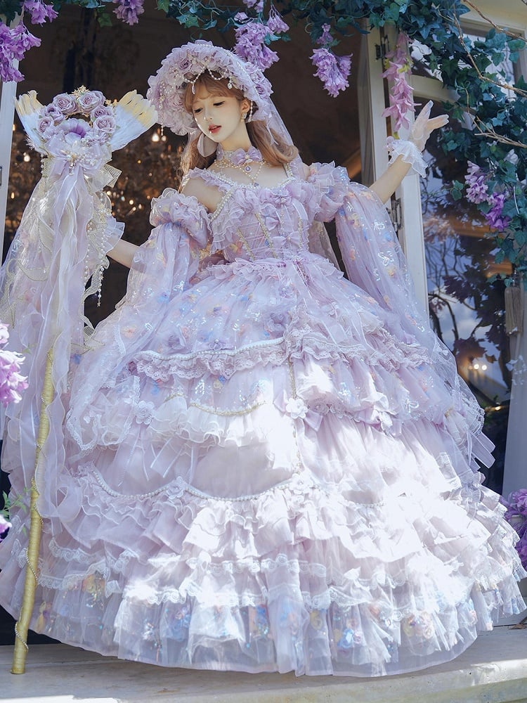 Purple sequin floor-length Hime Lolita dress full view