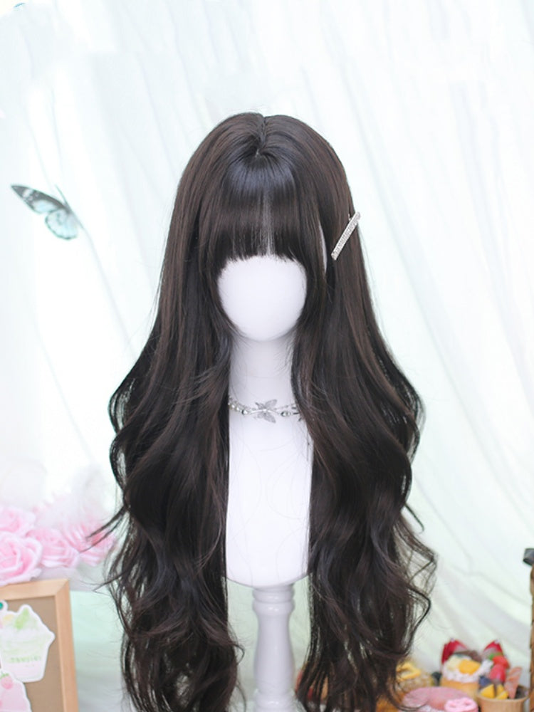 Black Tea Length 70CM Wavy Wig with Bangs