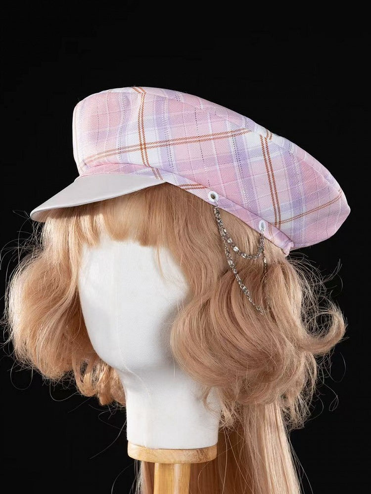 Pattern Beret Gold Blue / Plaid Pink