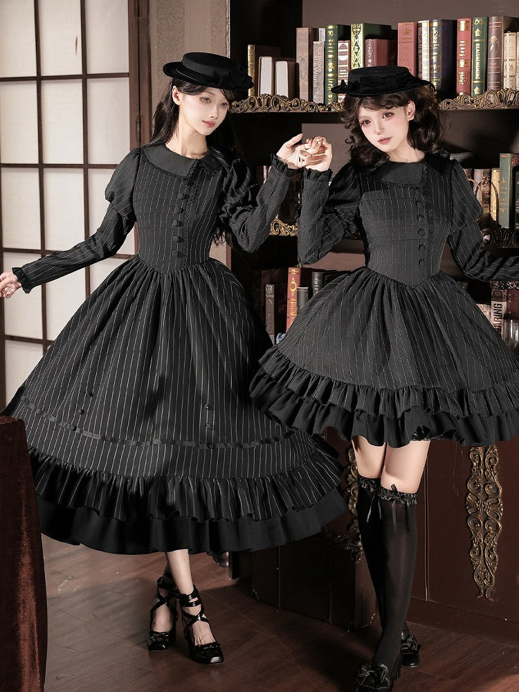 Black Striped Long Sleeve Lolita OP Dress Full Set with Mini Hat & 2-Way Bow Brooch - With PUJI