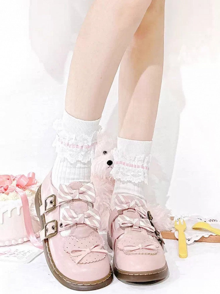 Pattern Bowknot Flats Bear Details Lolita Design Striped Pink