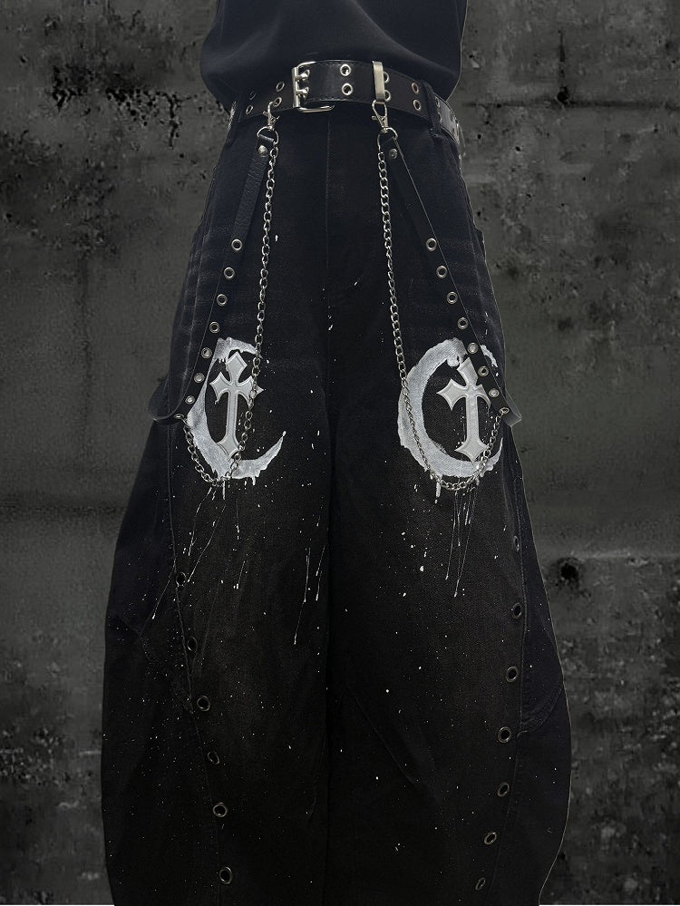 Punk Jeans Moon Detail Rock Wide-leg - with Eyelet Pattern Patch Design Distressed Cross Black