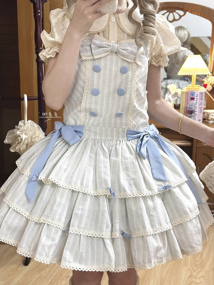 Sweet Ruffle Layered Striped Dress Bow with Accents Overall Blue Lolita