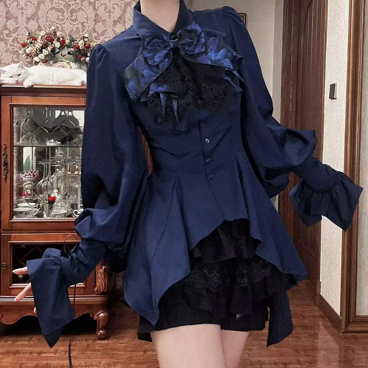 Dark Blue Ouji Lolita Long Sleeves Prince Shirt with Cascading Irregular Hem | Danger Girl