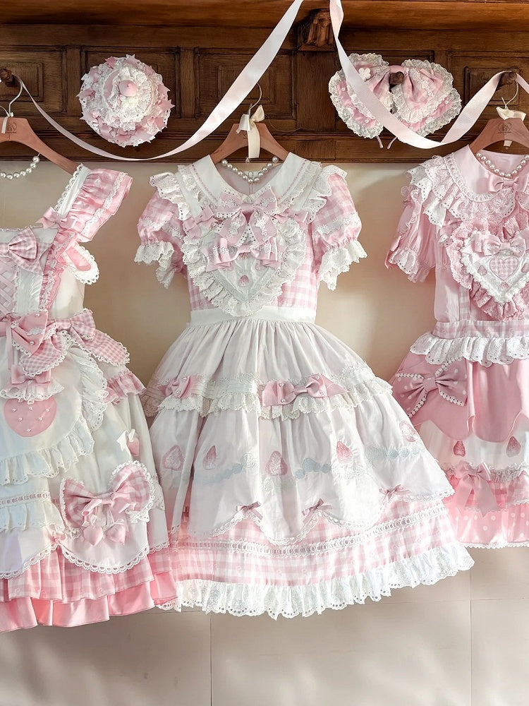 Lolita Print White Pink Puff Sleeves Gingham Sweet with Strawberry Dress