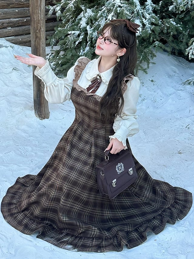 Plus Size Brown Peter Pan Collar Long Sleeves Plaid Flounce Hem Dress