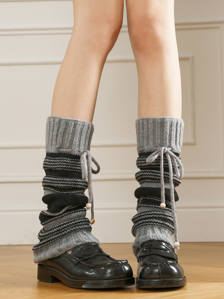 Strappy Pattern Colors with 4 Striped Knitted Retro Bows Warmers Leg