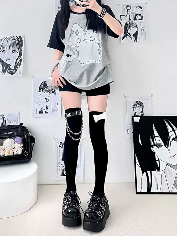 with Detail Black Bone Chain Thigh-High Socks