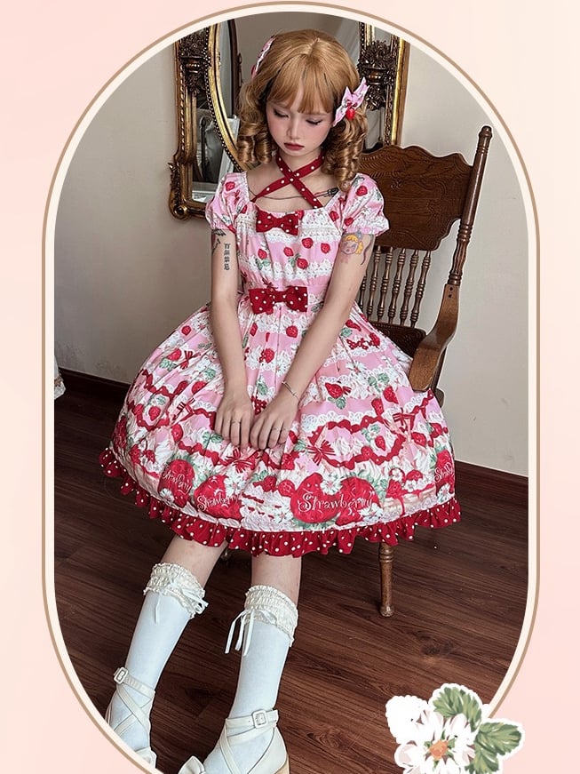 ピンクストロベリーハイウエストスイートロリータドレス