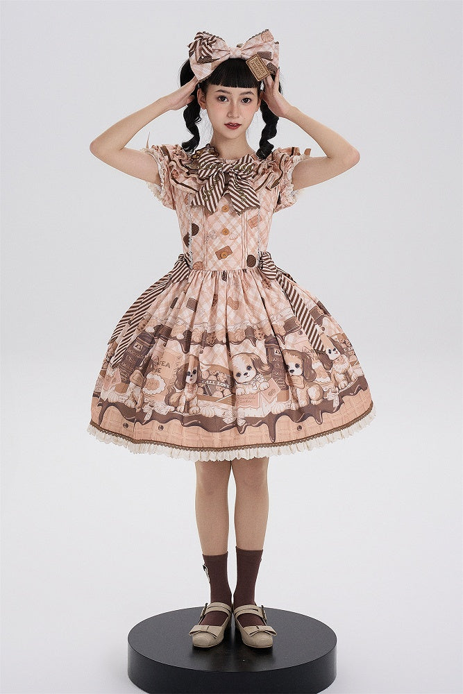 Süßes Lolita-Kleid mit kurzen Ärmeln und Welpen- und Keks-Print in Gelb