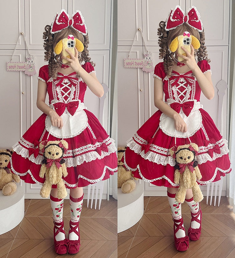 Old School Stück und Quadrat Kleid Baumwolle Kurze Rote Puffärmel Ein Ausschnitt Lolita