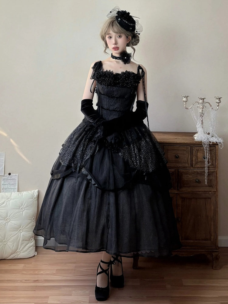 Schwarzes Spaghetti Lolita Kleid mit geschichteten Trägern, elegant, schimmernd