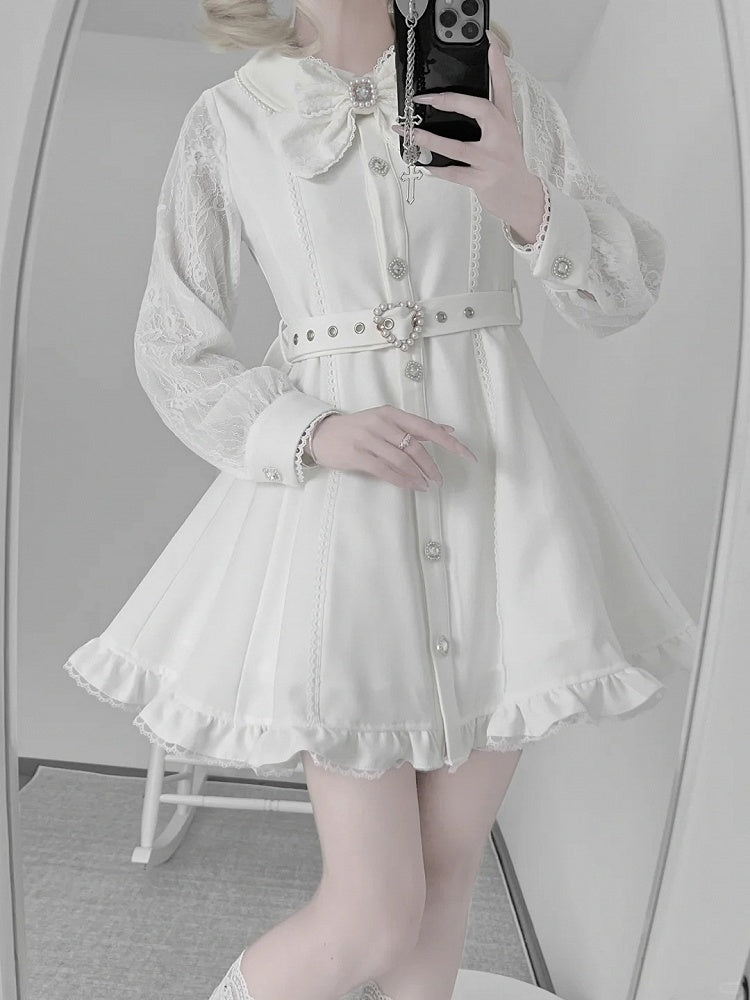 Dress White Cape and Belt Collar Detachable Jirai Buckle with Beaded Kei